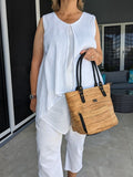 Kiana Cork Tote Bag Natural Strip Design on model