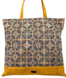 Bruna Cork Tote Bag Yellow and Blue Tile fronts