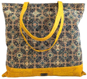 Bruna Cork Tote Bag Yellow and Blue Tile front views