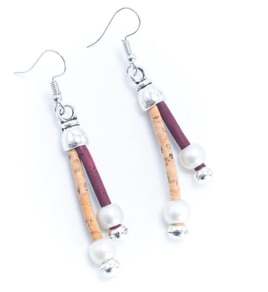 Cork Earrings Dangler Pearl Burgundy