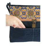 Elena Cork Shoulder Bag Dark Blue and Yellow Flower pouch