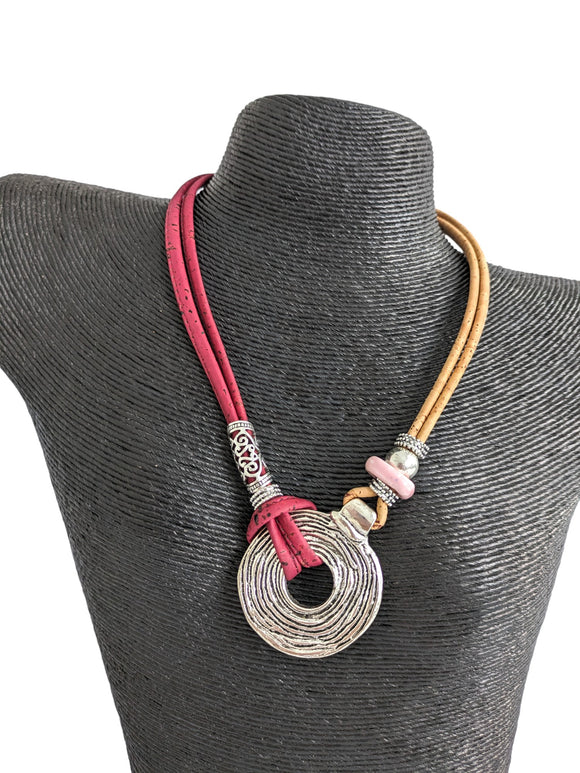 Riva Cork Necklace Pink and Natural stand